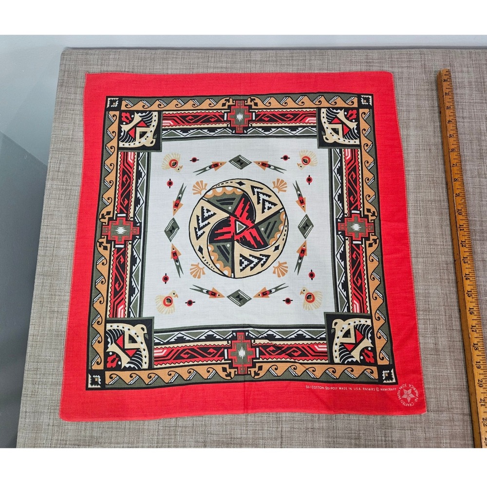 Vintage Wamcraft Southwestern Bandana Red Geometric Made in USA RN 14193